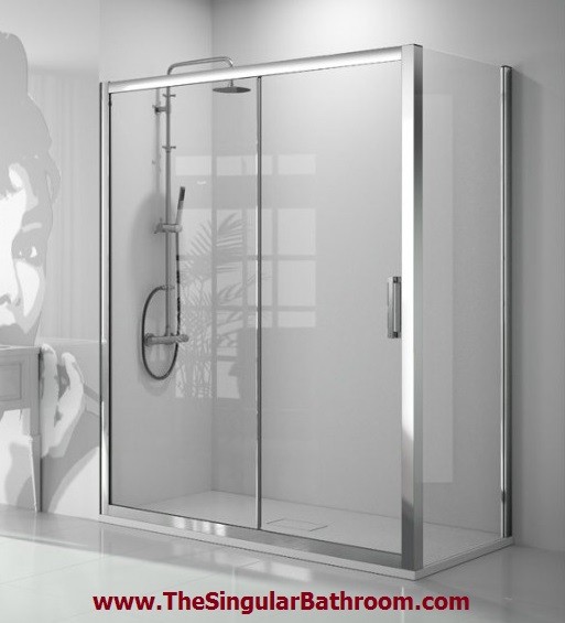 Mampara de ducha frontal TRIO 3 puertas correderas vidrio transparente.  Acero inoxidable ⋆ VAROBATH | Un baño increíble