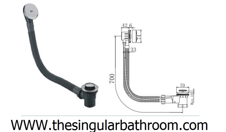 Conjunto de desagüe vertical para bañera y cabina ducha. No incluido el sifón. Saenan, Bañacril, Mileto, Jacuzzi, Porcelanosa, Titan, Megius, Roca
