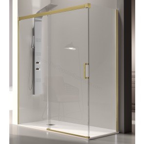 Mampara de ducha KASSANDRA GLASÉ color oro cepillado, 1 fijo + 1 corredera y opción a lateral fijo