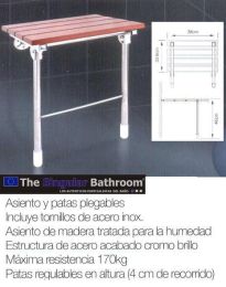 Asiento de ducha de acero con patas acabado madera.