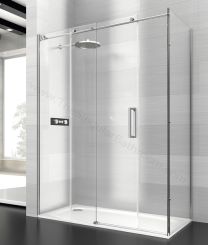 Mampara frontal acero inox DEYBAN SAINA fijo y puerta corredera con lateral fijo