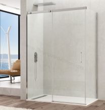 Mampara acero inox GME TEMPLE frontal fijo y puerta corredera con un lateral fijo