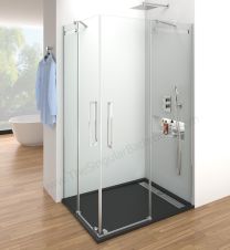 Mampara Acero inox. frontal fijo + puerta corredera