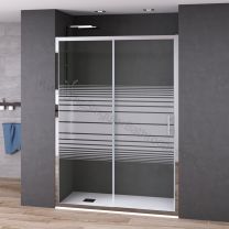 Mampara frontal DECORBAN PALENCIA con 1 fijo y 1 puerta corredera con opción de lateral fijo, en color negro, blanco y plata brillo